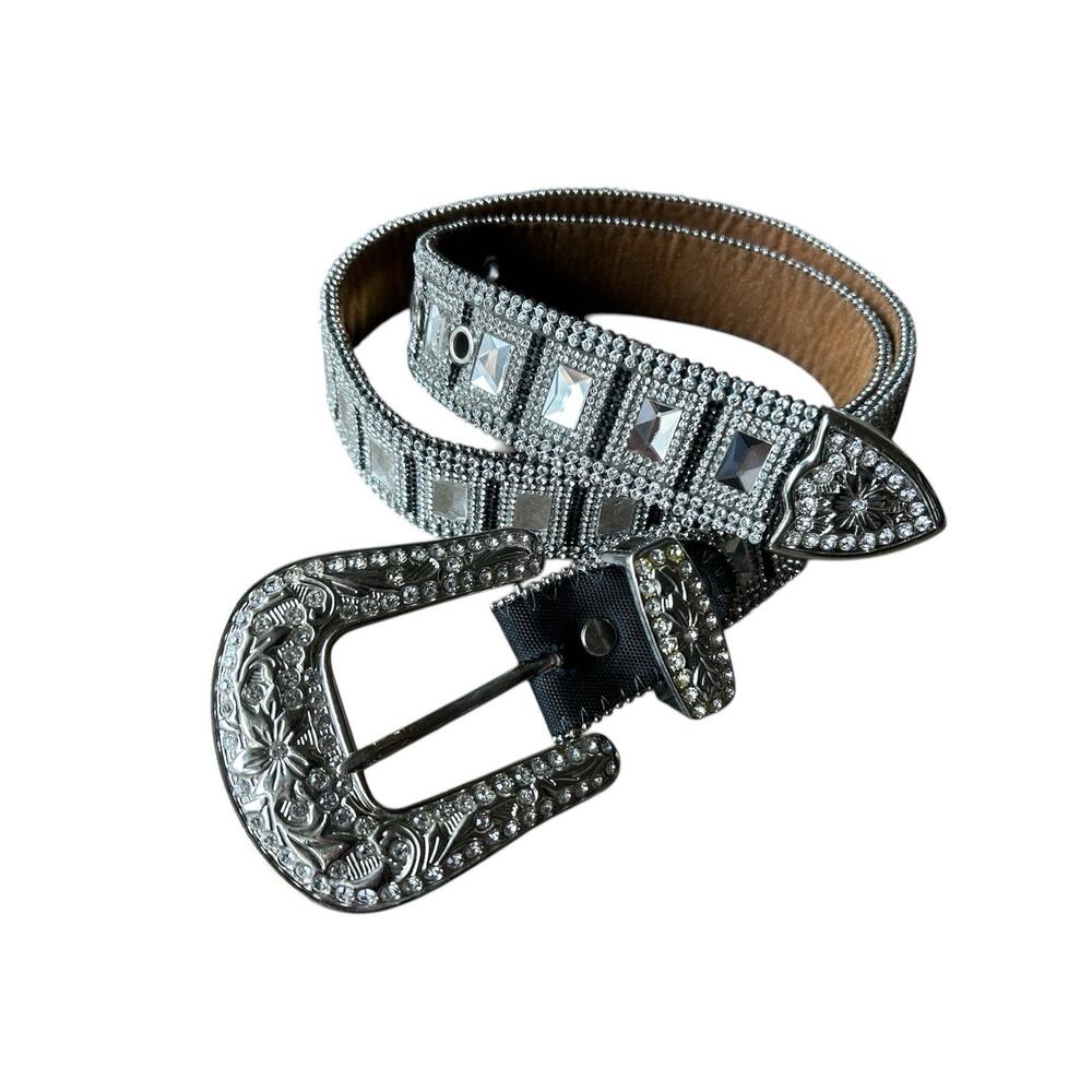 Western Rhinestone Concho Belt Womens Silver Crystal Studded Cowgirl 34-38 - Picture 2 of 16